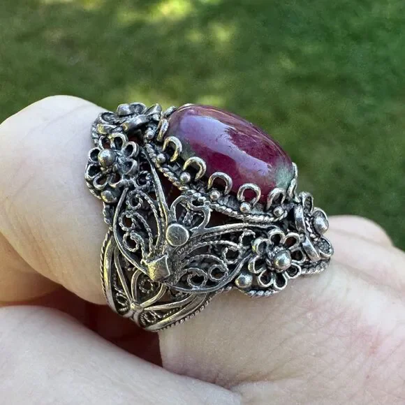 Vintage Sterling Silver Filigree Ring Size 8.5 DGS 925 Turkey Ruby Zoisite Cab